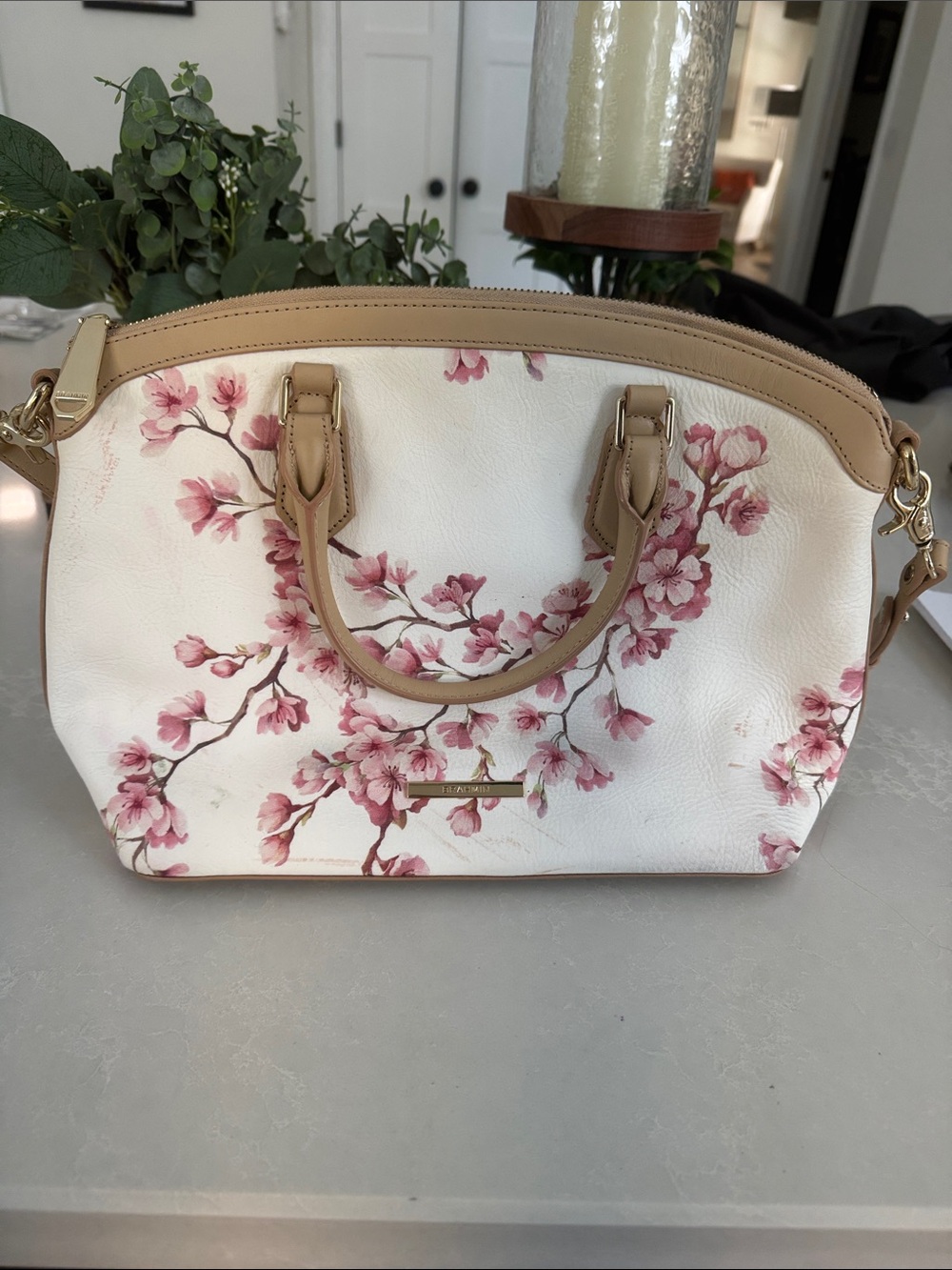 Brahmin White Satchel with Pink Cherry Blossom Print and Tan Trim